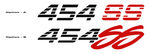Two "454 SS" logo options: Option A has blocky, digital-style numerals and letters; Option B has the same numerals with script-style "SS" in red from sticker joint