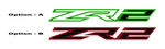 Two ZR2 logo design options, Option A featuring green outlines with white fill, and Option B with red outlines with black fill; both displayed on a white background from sticker joint