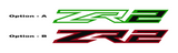 Two ZR2 logo design options, Option A featuring green outlines with white fill, and Option B with red outlines with black fill; both displayed on a white background from sticker joint